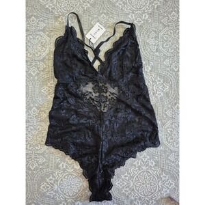 Namifin Women Black Floral Lace Bodysuit Sheer Teddy Lingerie Size M NEW